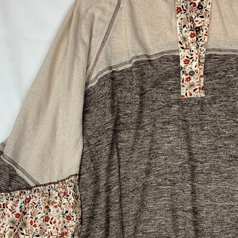 POL size medium boho patchwork bell sleeve Earthy Floral Accent Shirt long anthr - Picture 4 of 11
